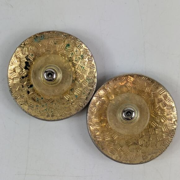 Vtg Enamel Floral Round Post Earrings Black Red Gold Art Nouveau Style Cloisonné - Picture 2 of 6